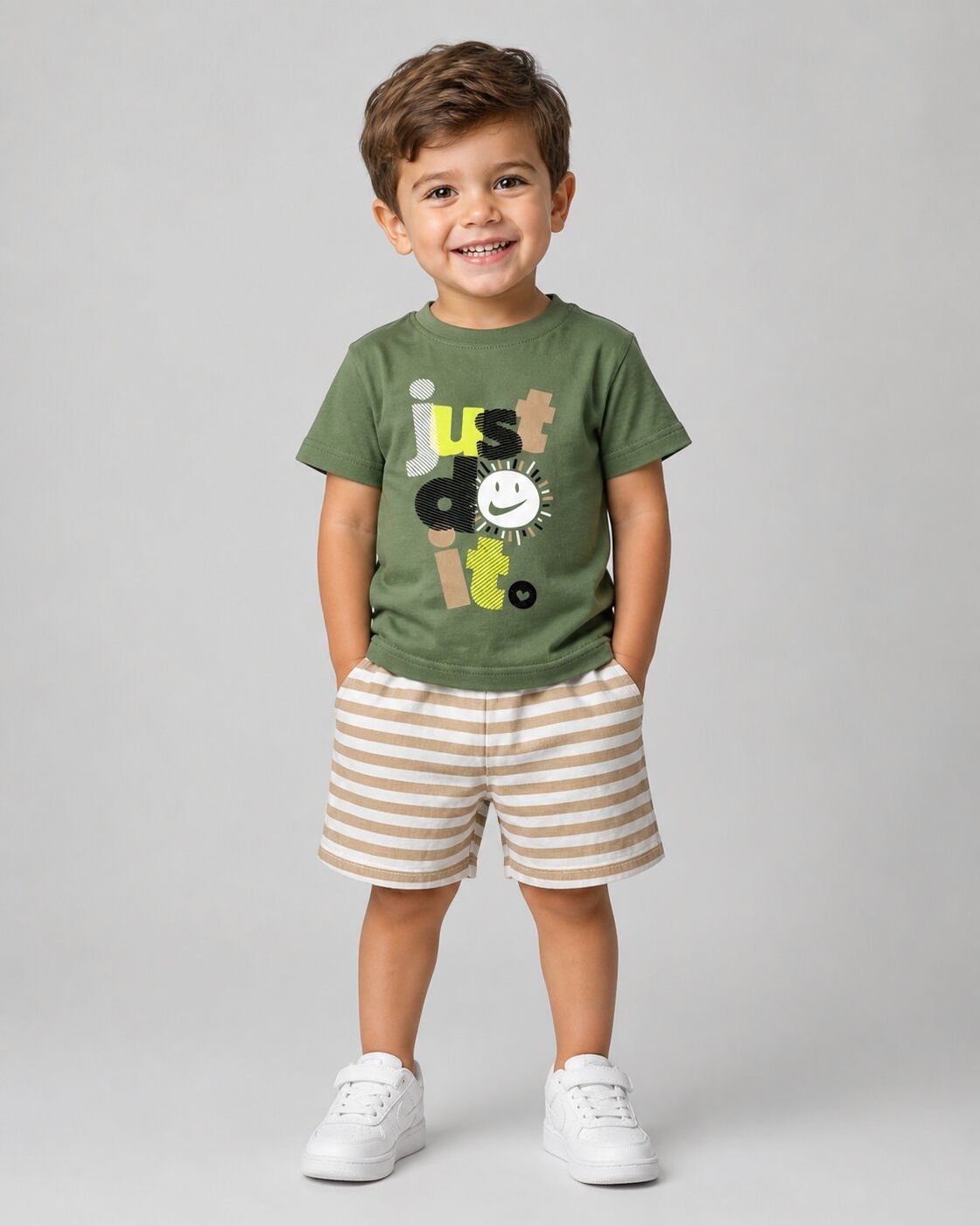 Just Do It Olive Green Shorts Set - Boy (Text Graphic)-24M
