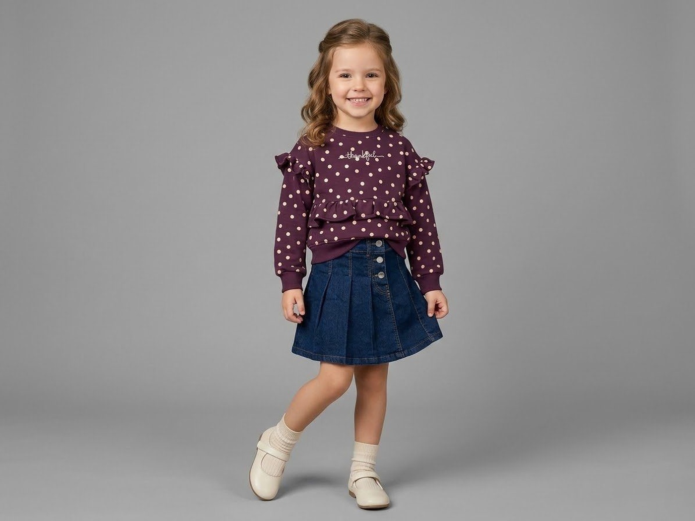 Thankful Polka Dot Set Maroon - Girl (Button Denim Skirt)