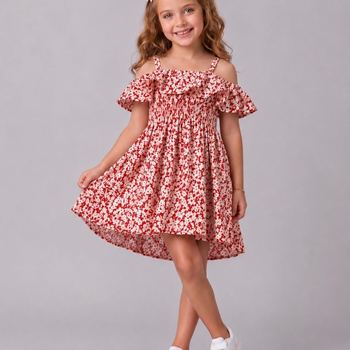 Red Floral Cold Shoulder Dress - Girl (Ruffle Neckline)