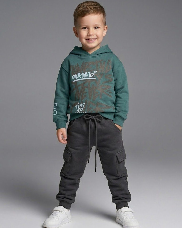 Typography Green Hoodie - Boy (Dark Grey Pants)