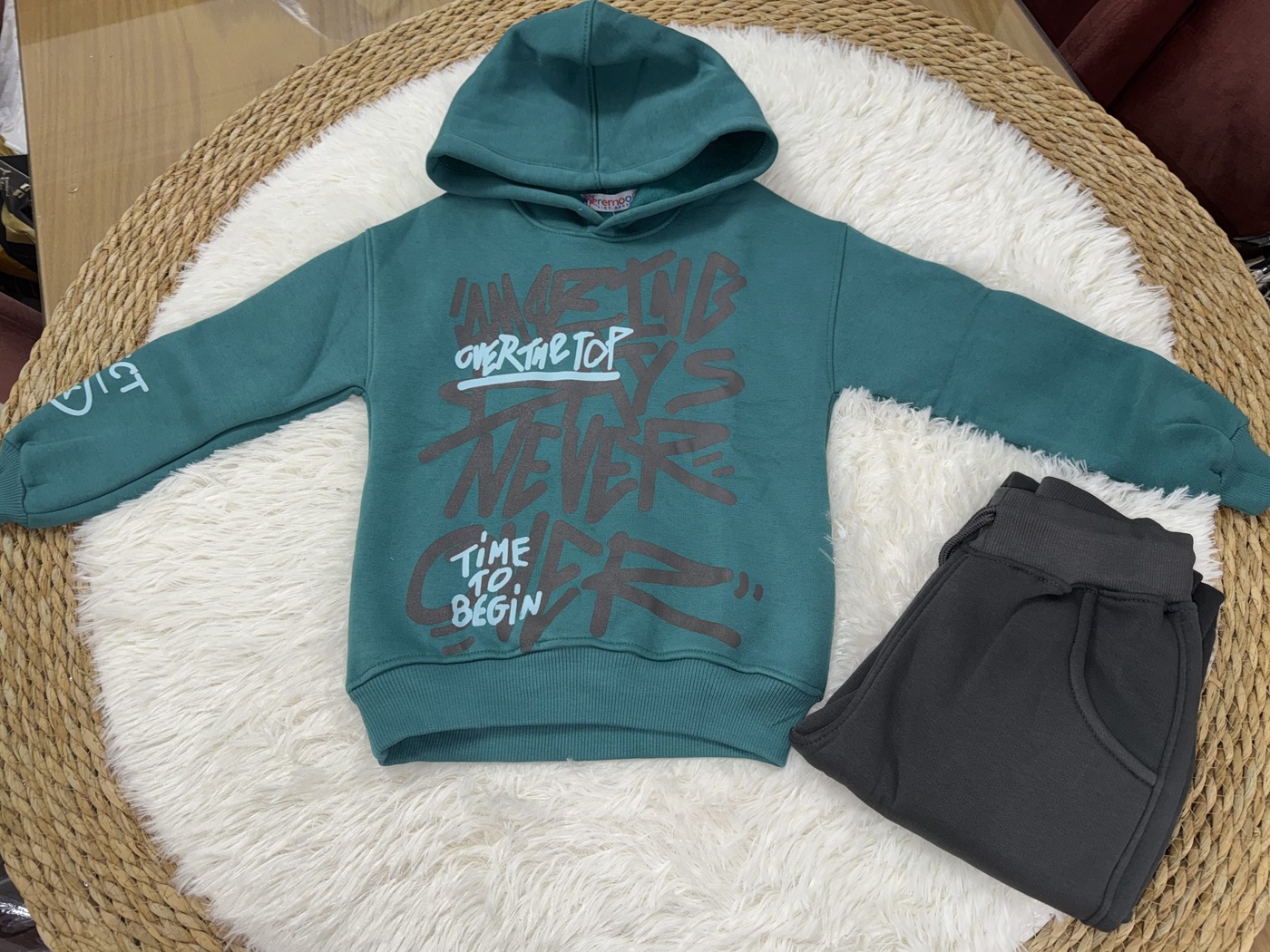 Typography Green Hoodie - Boy (Dark Grey Pants)