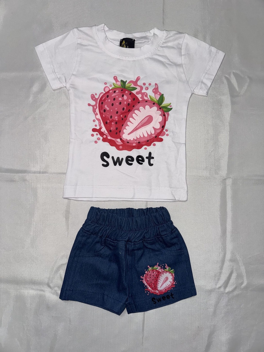 Sweet Strawberry White Shorts Set - Girl (Front Strawberry Graphic)-06