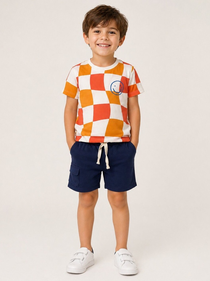 Checkered Orange Shorts Set - Boy (Navy Shorts)
