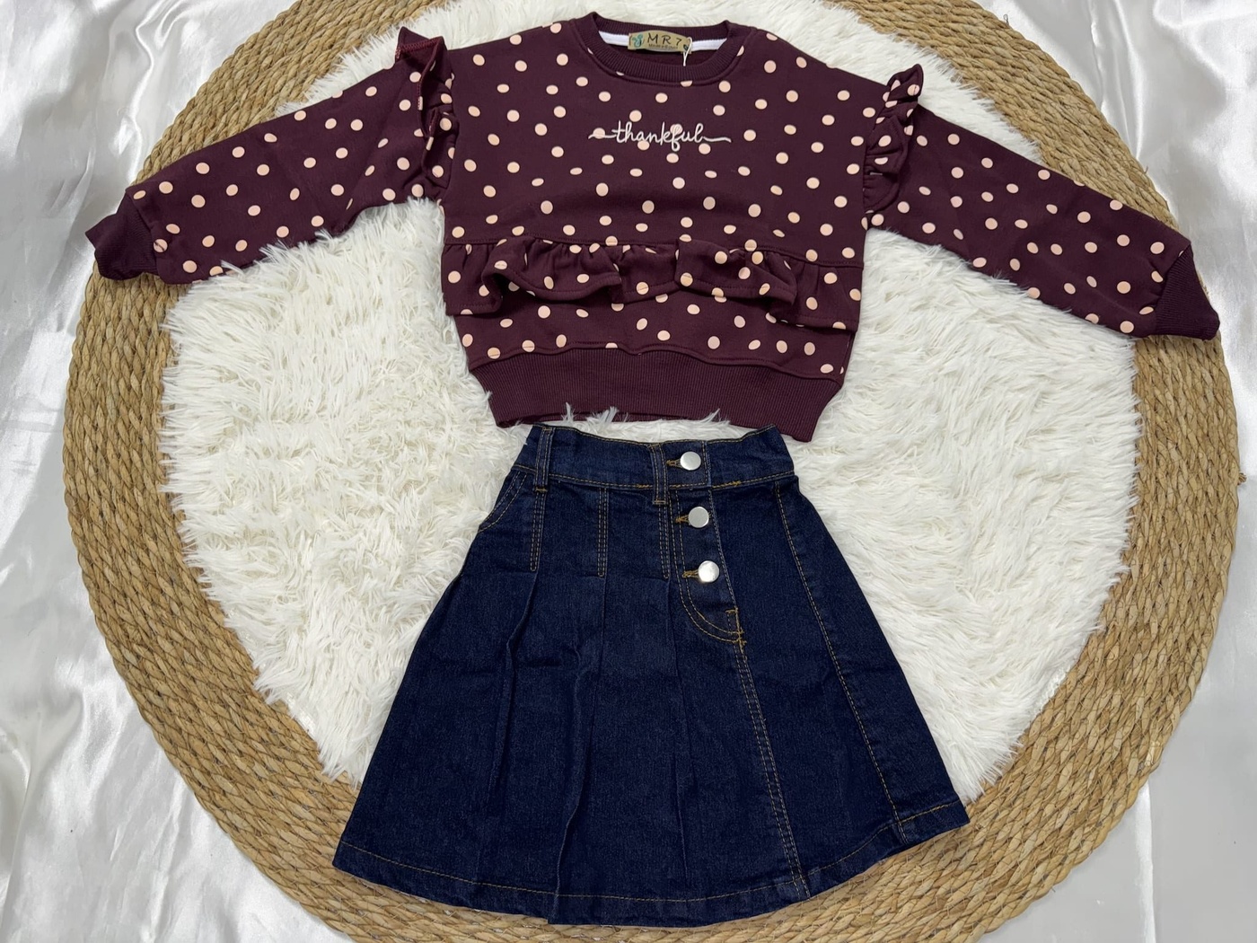 Thankful Polka Dot Set Maroon - Girl (Button Denim Skirt)
