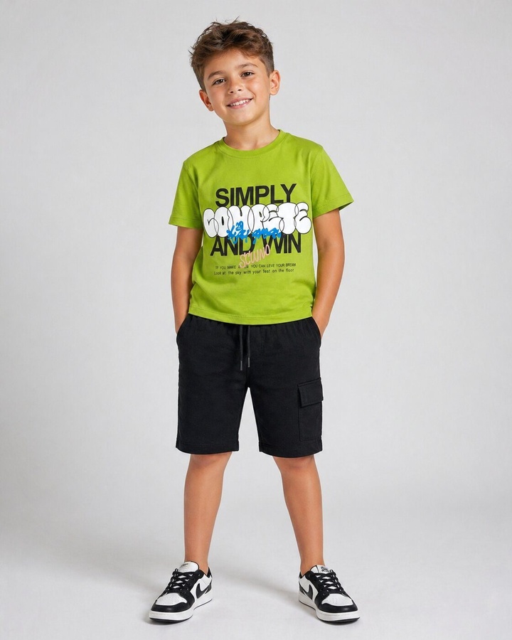 Text Graphic Green Tee Set - Boy (Black Cargo Shorts)