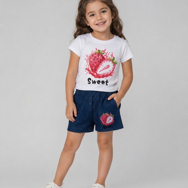 Sweet Strawberry White Shorts Set - Girl (Front Strawberry Graphic)