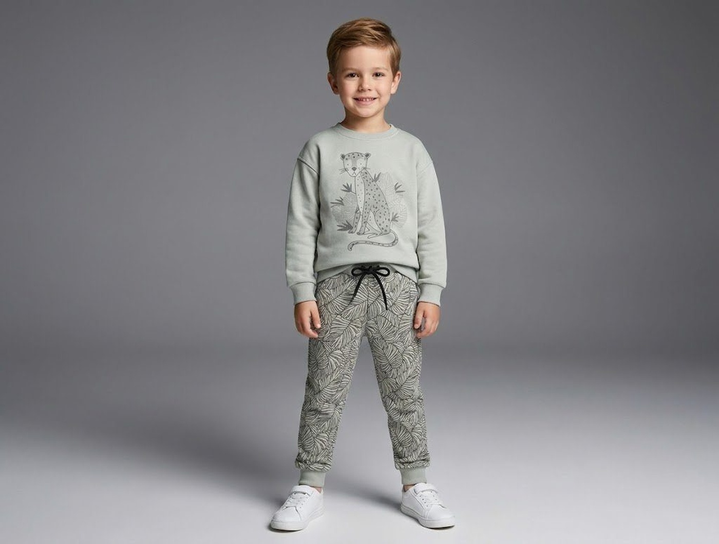 Grey Leopard Set - Boy (Leaf Print Pants)