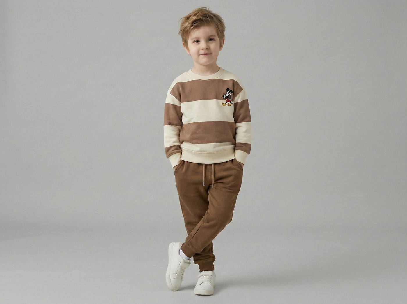 Mickey Mouse Striped Set Beige & Brown - Boy (Small Chest Embroidery)