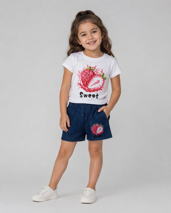 Sweet Strawberry White Shorts Set - Girl (Front Strawberry Graphic)