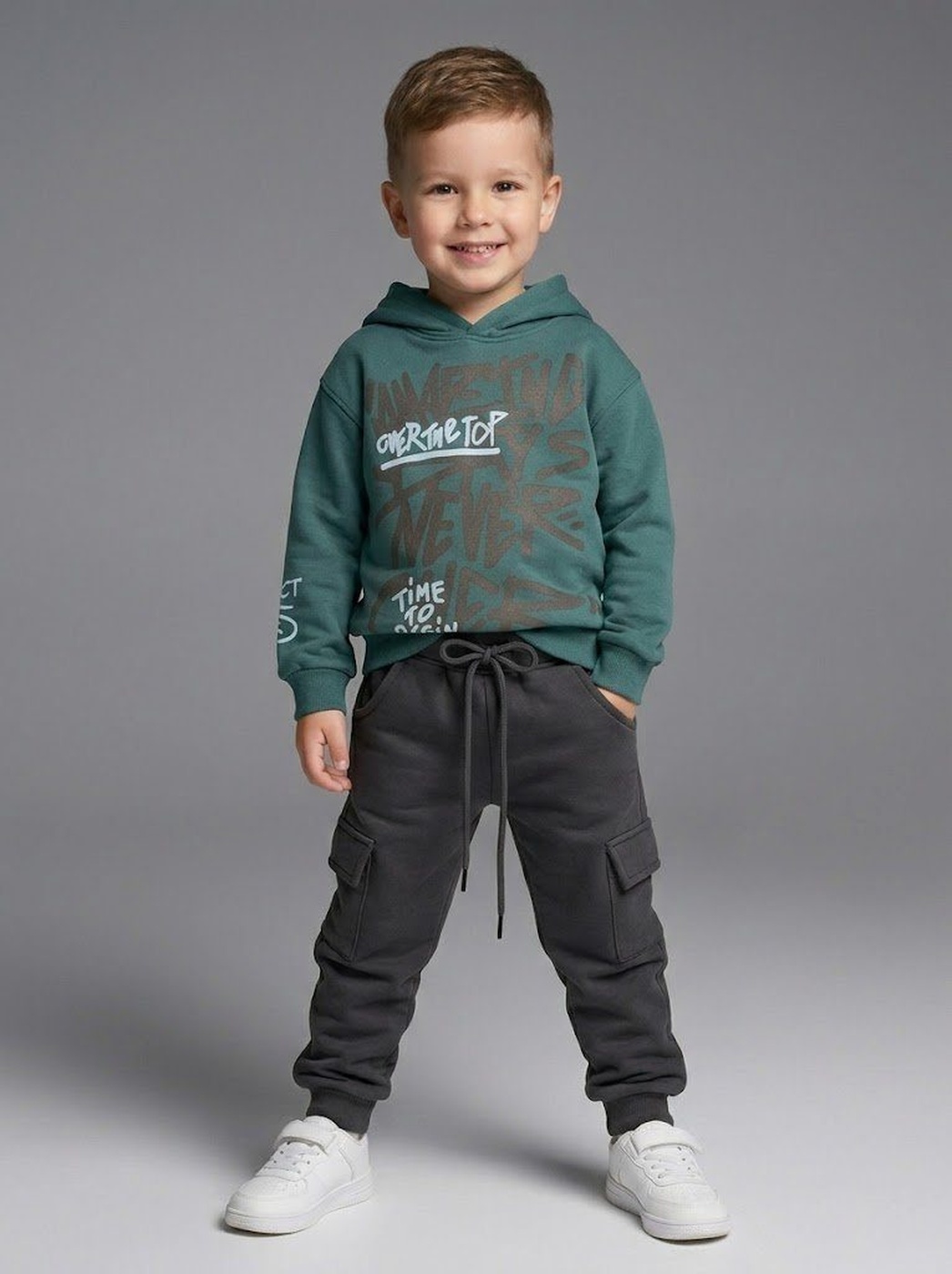 Typography Green Hoodie - Boy (Dark Grey Pants)