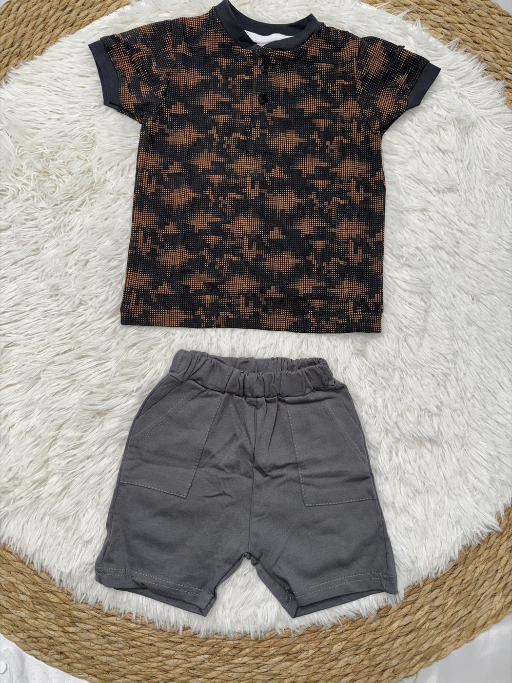 Patterned Black Polo Shorts Set - Boy (Contrast Gray Shorts)-24M