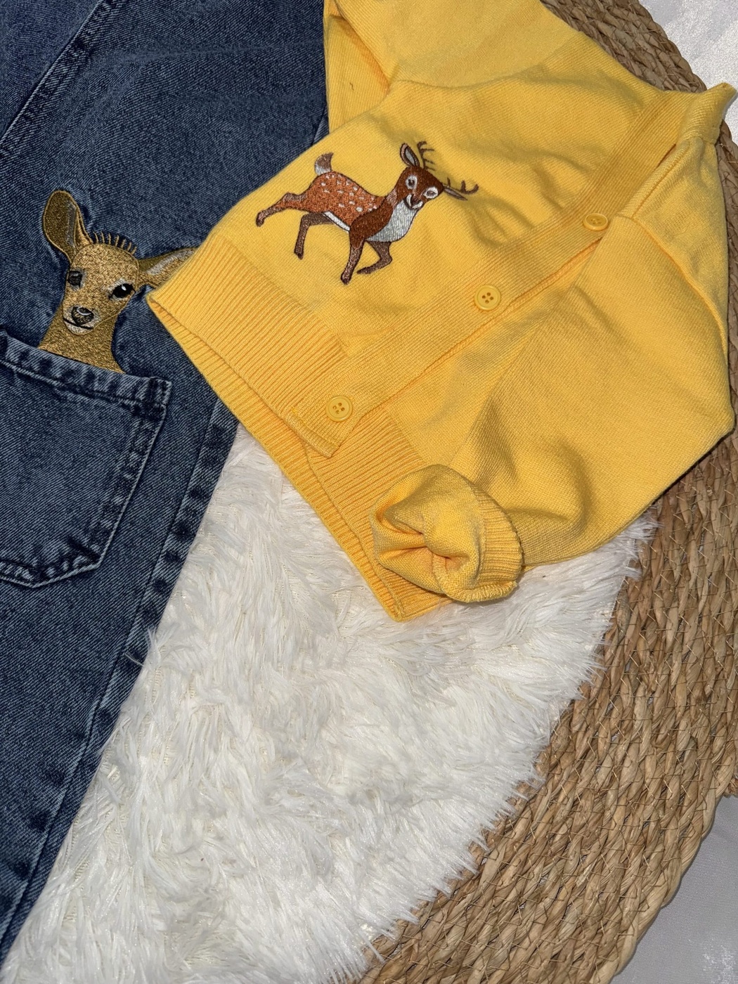 Deer Cardigan Dungaree Set Yellow - Girl (Embroidered Denim Overalls)