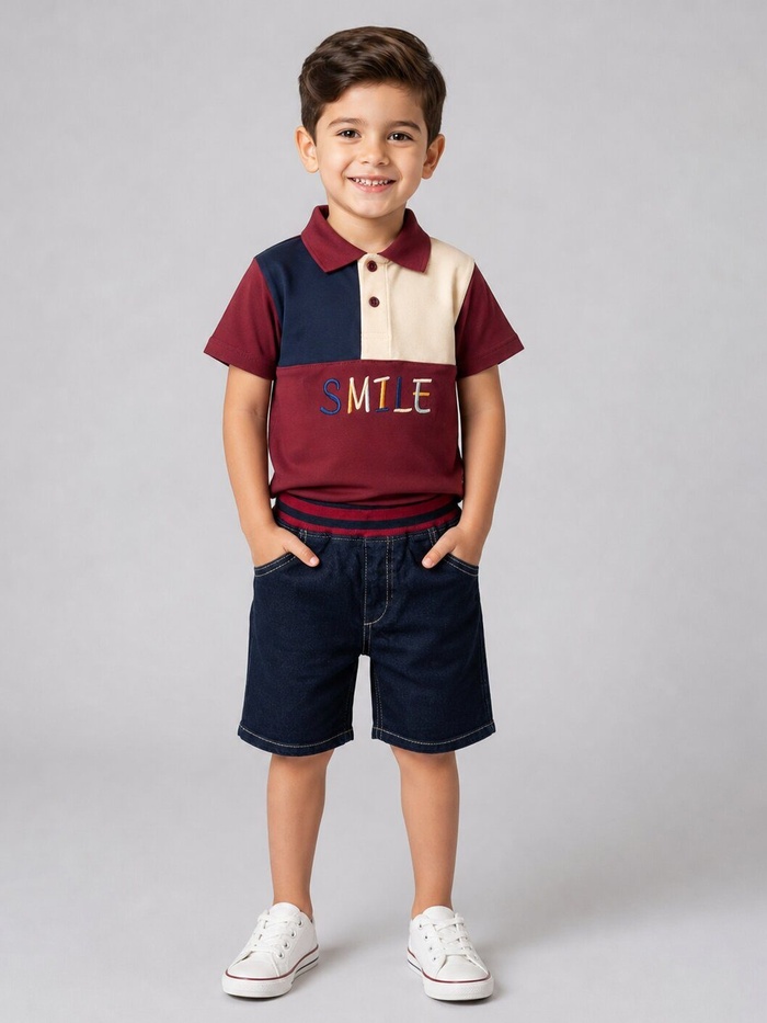 Smile Burgundy Polo Shorts Set - Boy (Color Block Top)