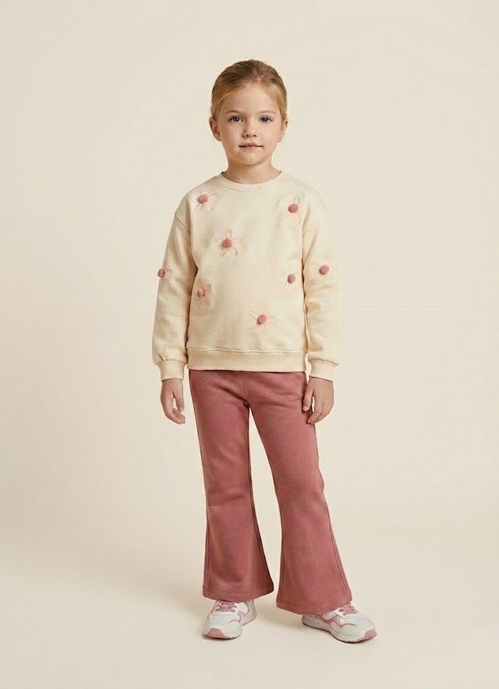 3D Flower Beige Set - Girl (Embroidered)