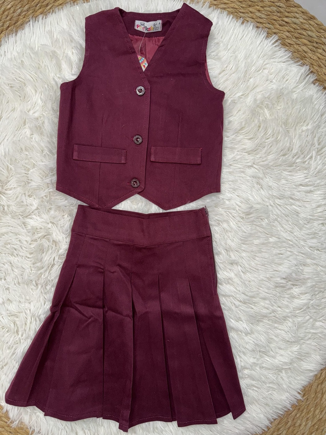 Peekaboo Burgundy Vest Set - Girl (Pleated Skirt)