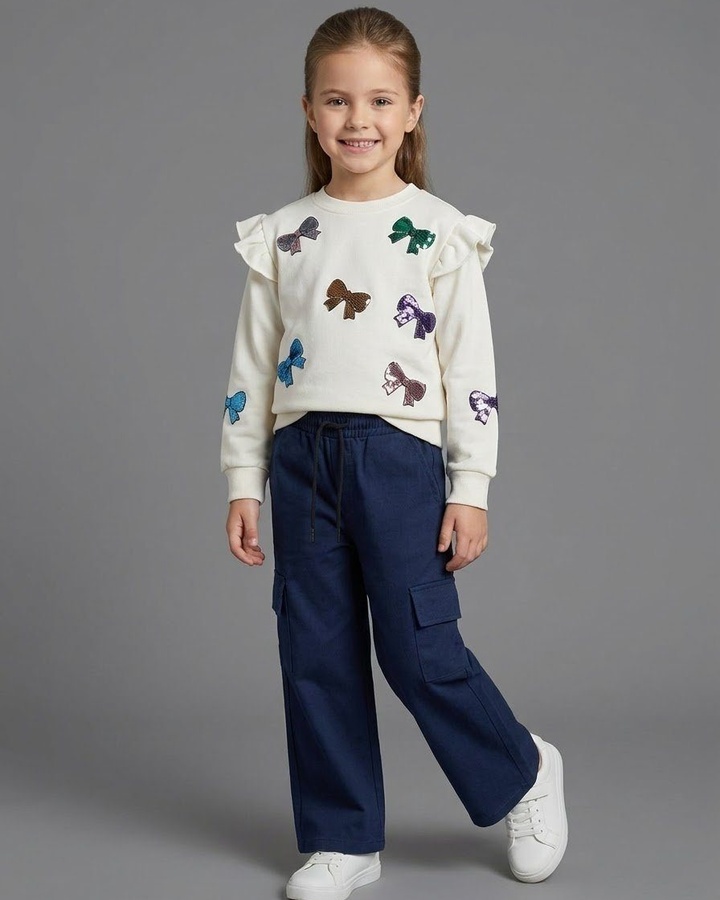 Sequin Bows Set White - Girl (Navy Cargo Pants)