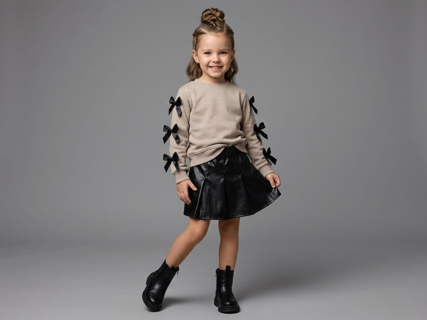 Sleeve Bows Set Beige - Girl (Black Leather Skirt)