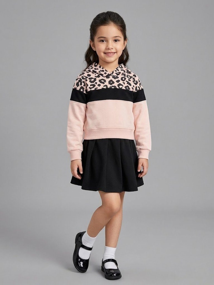 Leopard Blush Hoodie Set - Girl (Black Skirt)