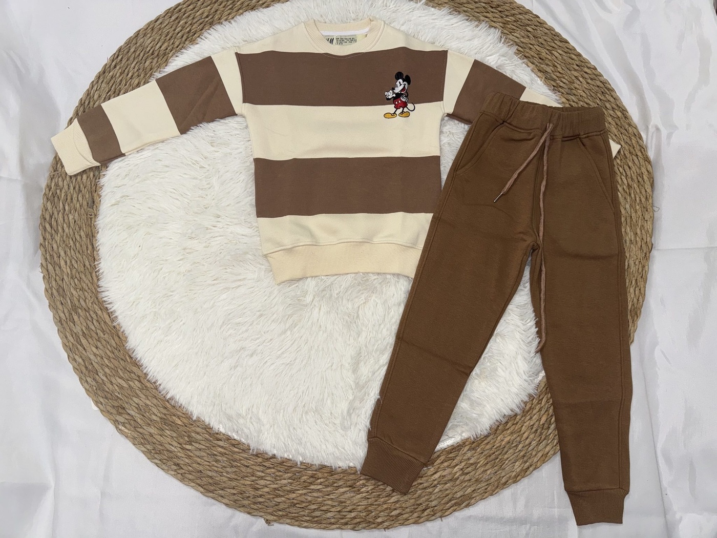 Mickey Mouse Striped Set Beige & Brown - Boy (Small Chest Embroidery)