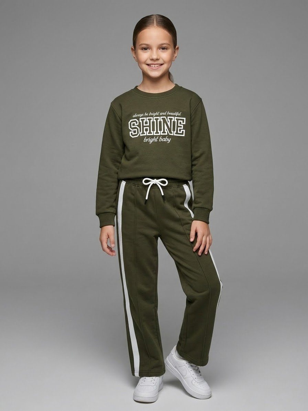Shine Tracksuit Set Olive Green - Girl (White Side Stripe Pants)