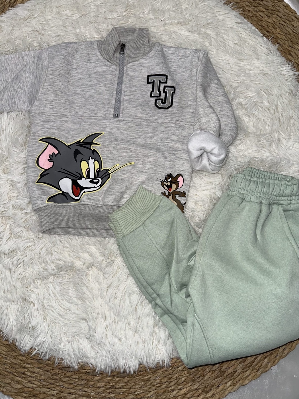 Tom & Jerry Half Zip Set Grey - Boy (Mint Green Cargo Pants)