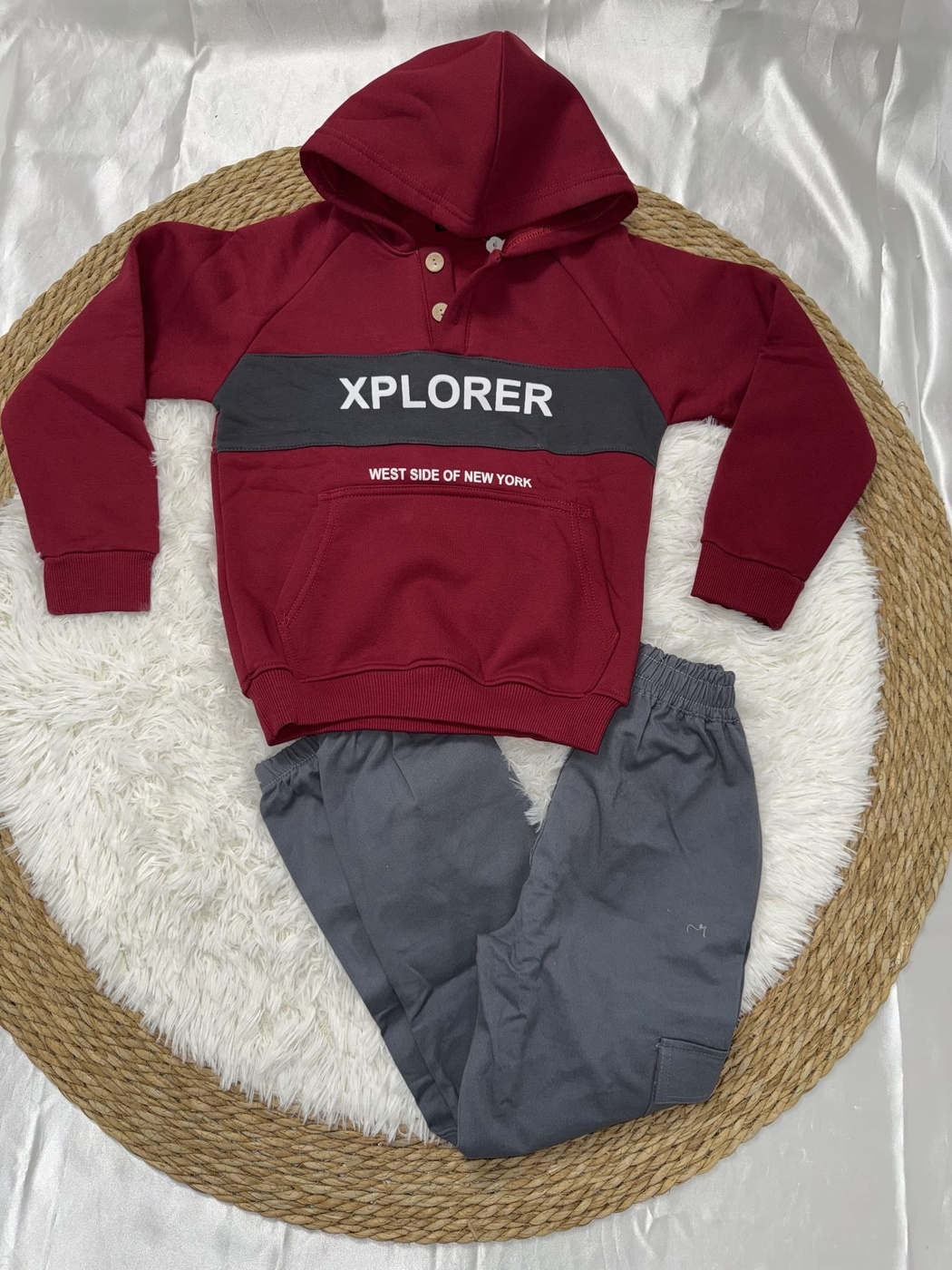 Xplorer Button Hoodie Set Maroon - Boy (Dark Grey Cargo Pants)
