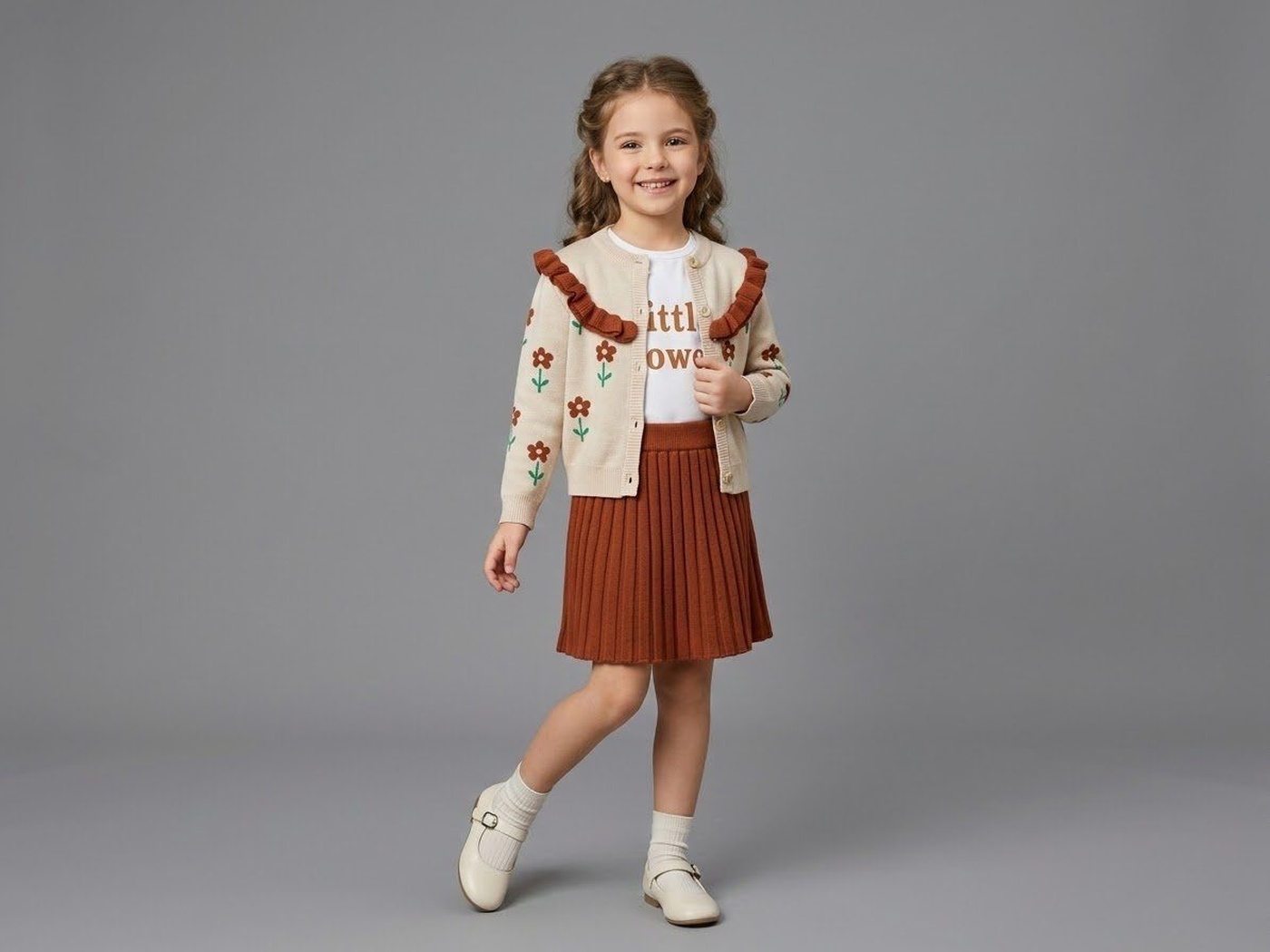 Floral Ruffle 3-Piece Set Beige - Girl ("Little Flower" Inner Shirt)