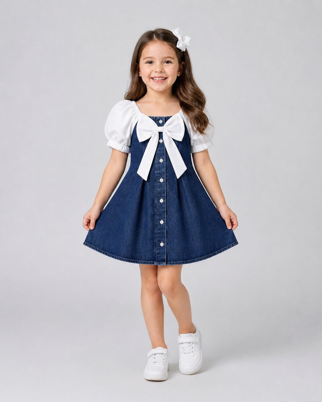 Navy Denim Dress - Girl (White Bow)-10
