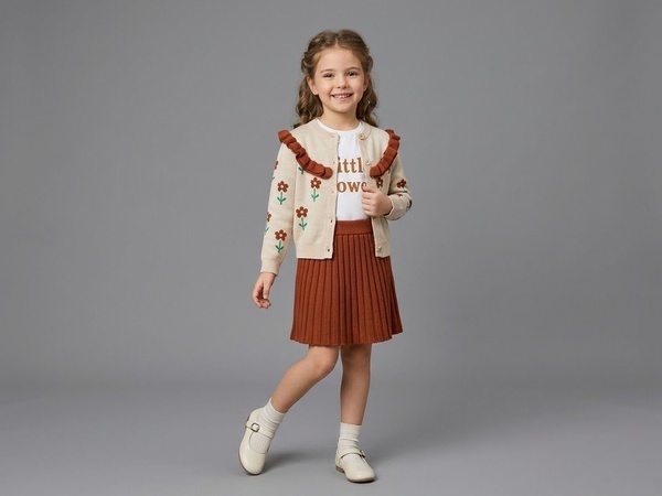 Floral Ruffle 3-Piece Set Beige - Girl ("Little Flower" Inner Shirt)
