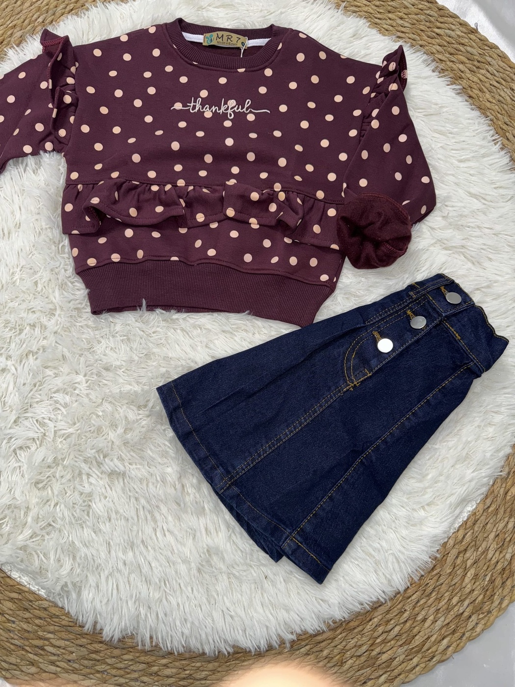 Thankful Polka Dot Set Maroon - Girl (Button Denim Skirt)