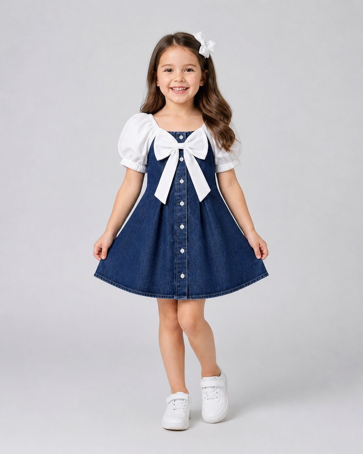 Navy Denim Dress - Girl (White Bow)