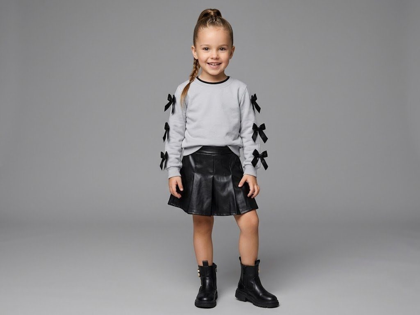 Sleeve Bows Set Light Grey - Girl (Black Leather Skirt)