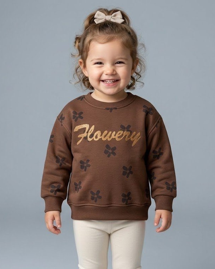 Flowery Sweatshirt Brown - Girl (Gold Text Embroidery)