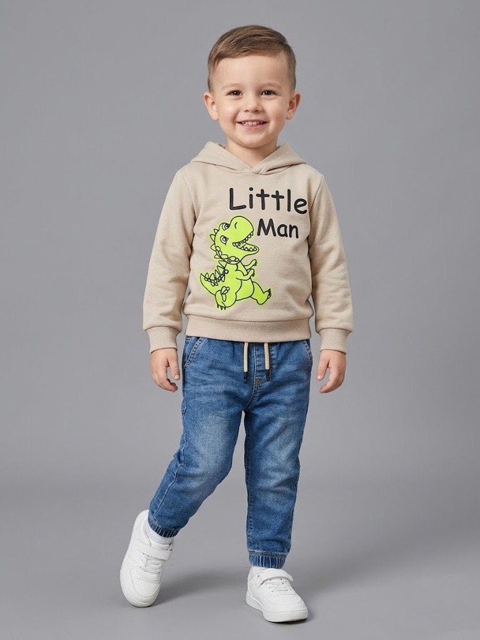 Little Man Beige Hoodie Set - Boy (Blue Pants)