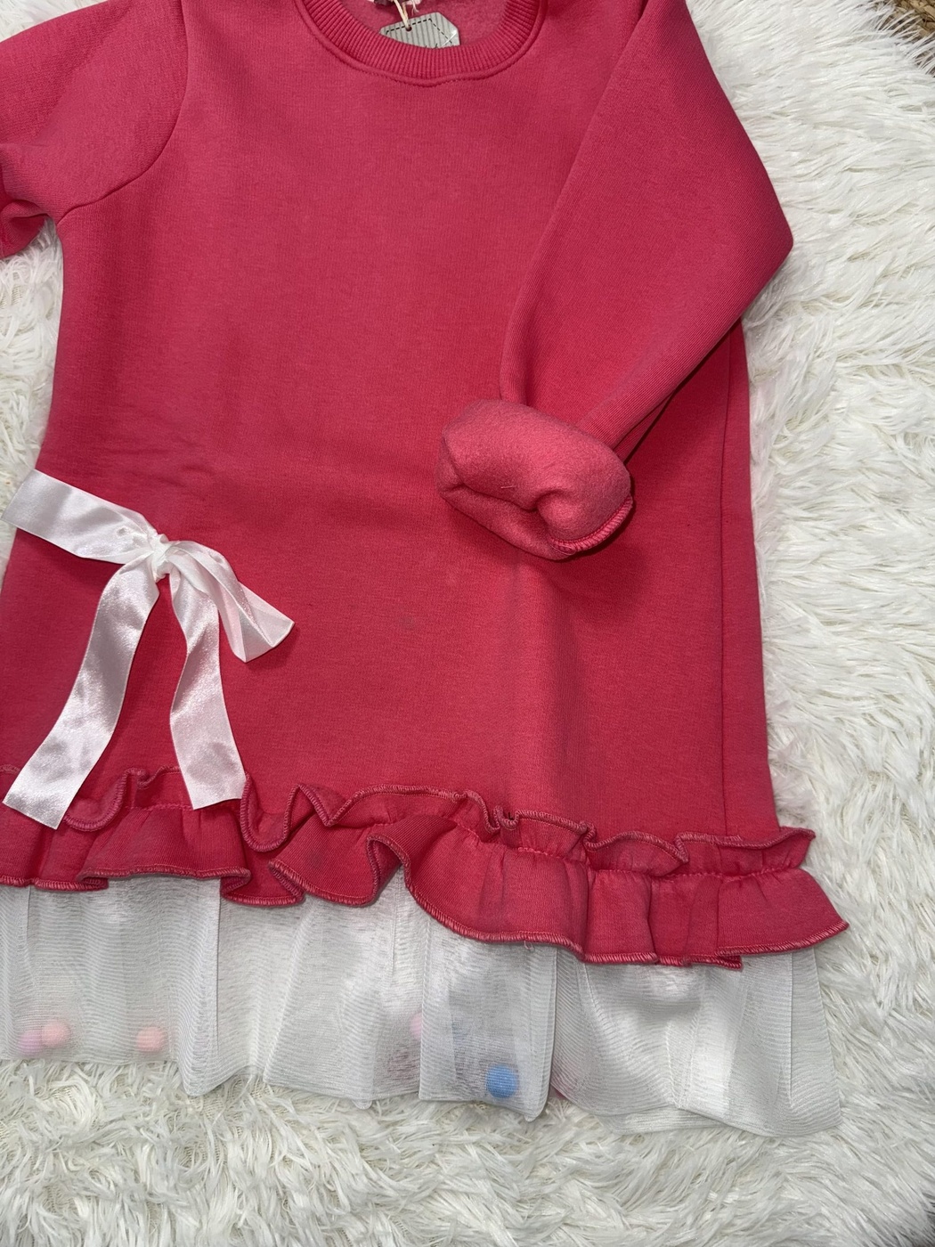 Pom Pom Tulle Dress Set Dark Pink - Girl (White Ribbon Bow)