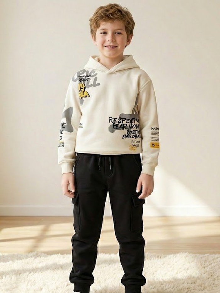 Graffiti White Hoodie - Boy (Black Cargo Pants)