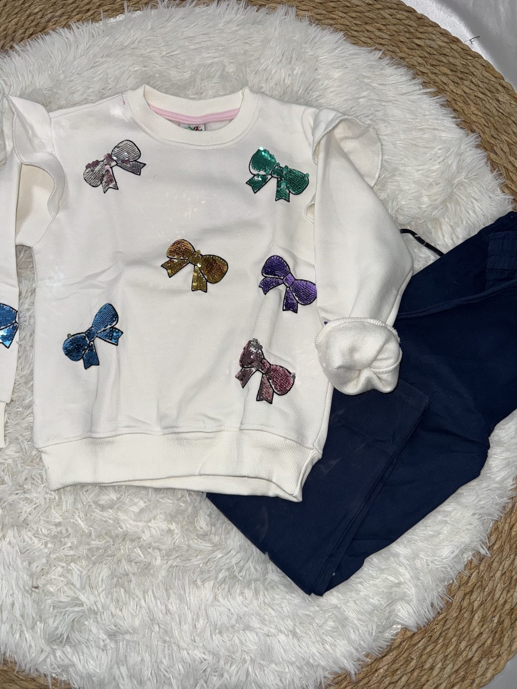 Sequin Bows Set White - Girl (Navy Cargo Pants)