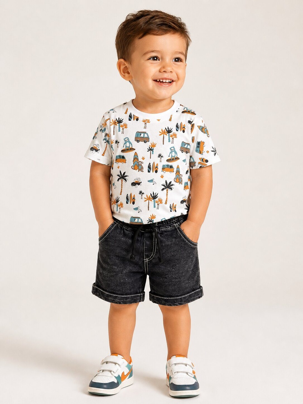 Travel White Shorts Set - Boy (Travel Motif Top)-24M