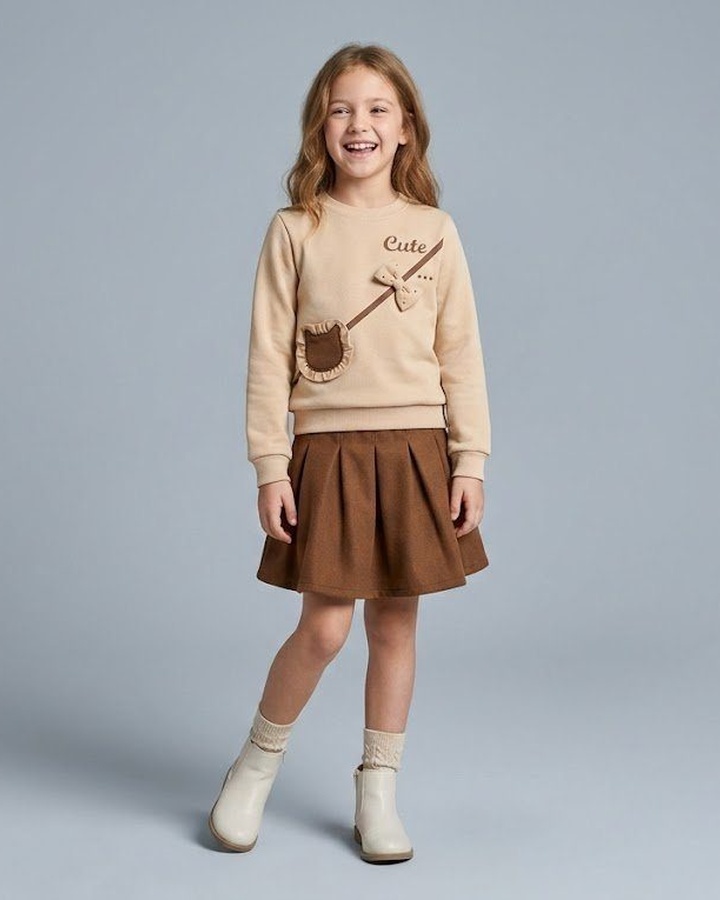 Bear Bag Sweatshirt Set Beige - Girl (Brown Pleated Skirt)