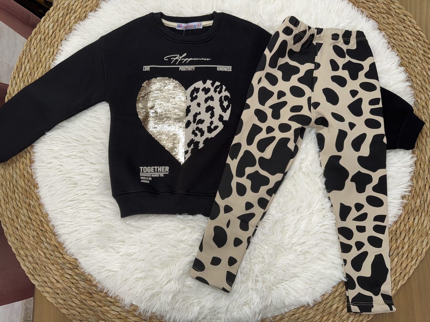 Heart Black Set - Girl (Cow Print Pants)