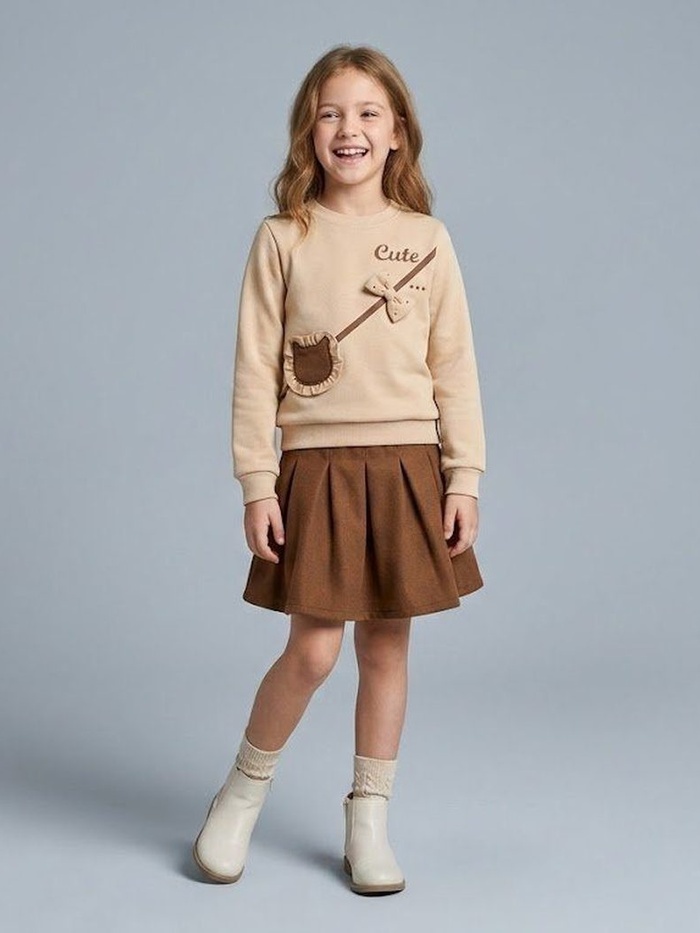 Bear Bag Sweatshirt Set Beige - For Girls (Brown Pleated Skirt)
