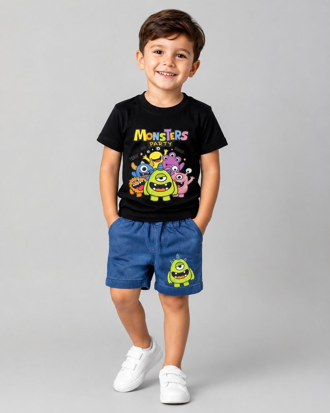 Monsters Party Black Shorts Set - Boy (Front Monster Graphic)-06