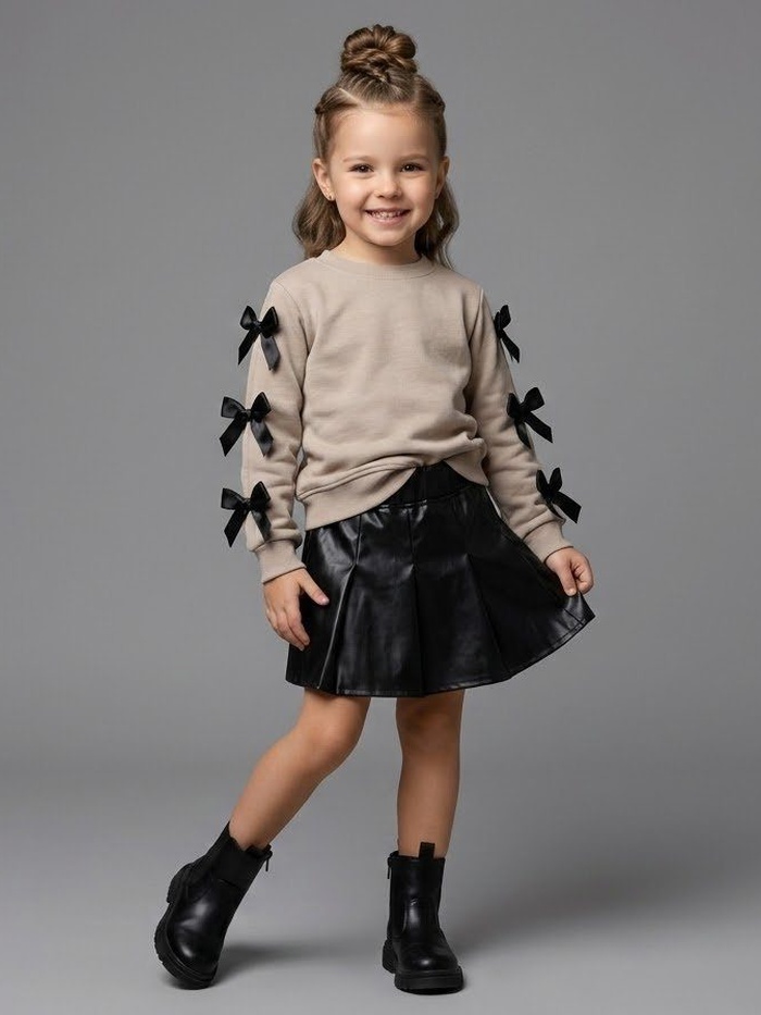 Sleeve Bows Set Beige - Girl (Black Leather Skirt)
