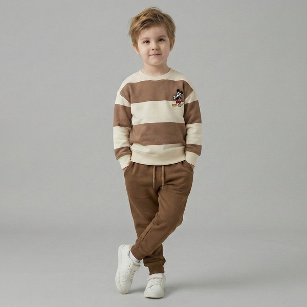 Mickey Mouse Striped Set Beige & Brown - Boy (Small Chest Embroidery)