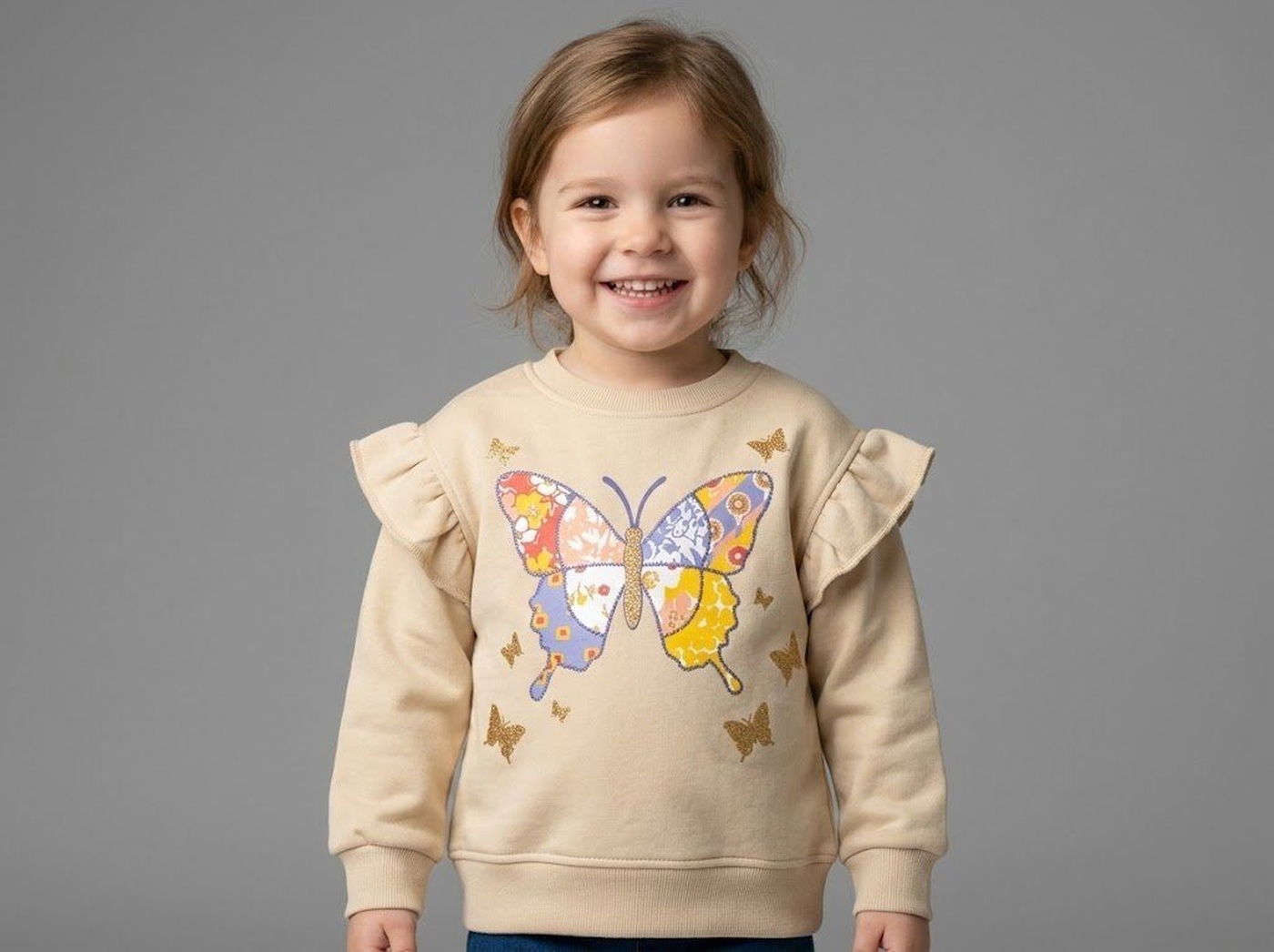Butterfly Sweatshirt Beige - Girl (Patchwork Art Style)