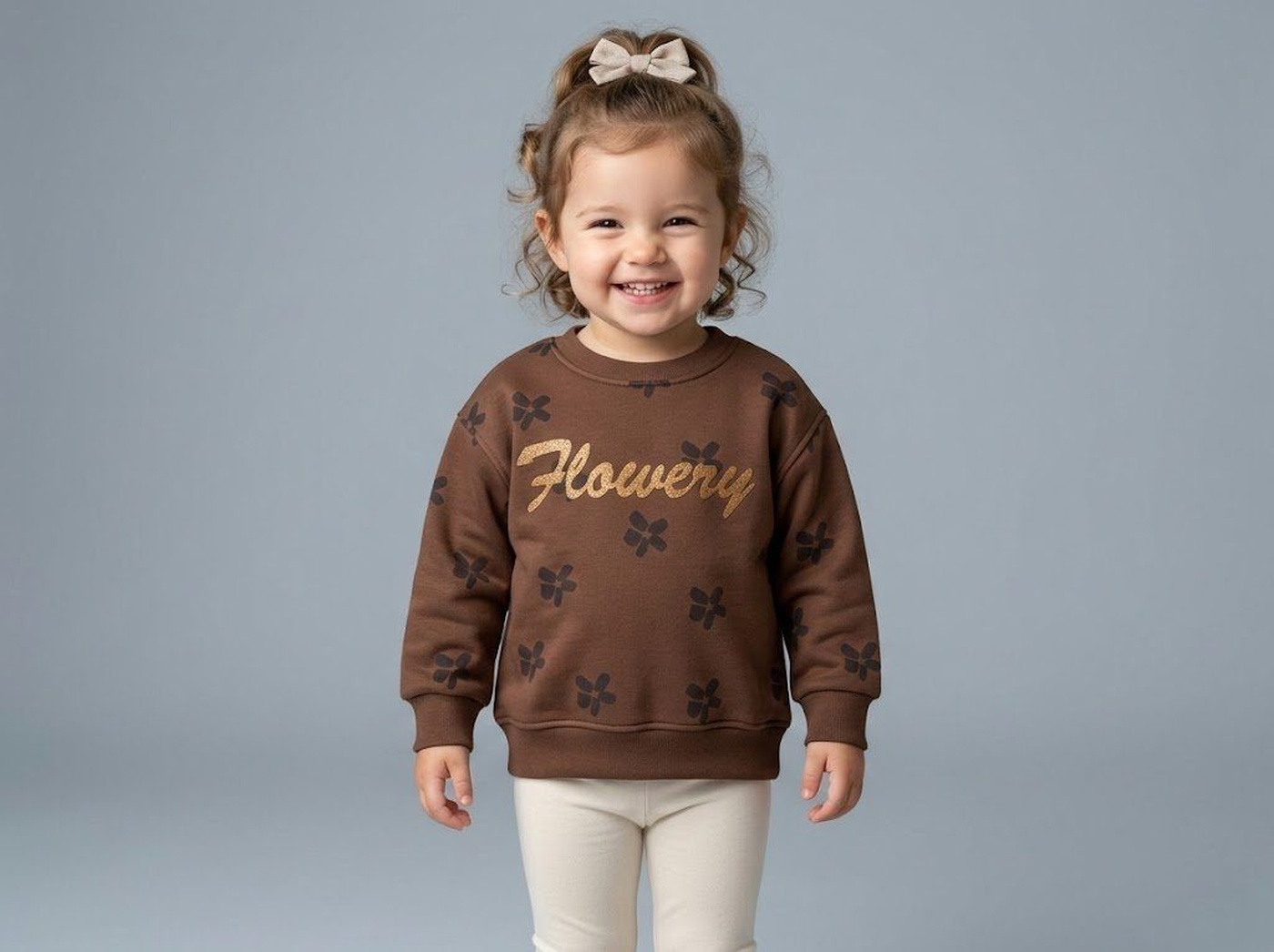 Flowery Sweatshirt Brown - Girl (Gold Text Embroidery)