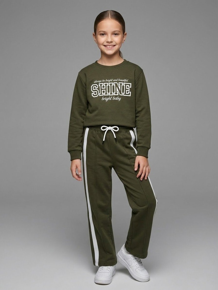 Shine Tracksuit Set Olive Green - Girl (White Side Stripe Pants)