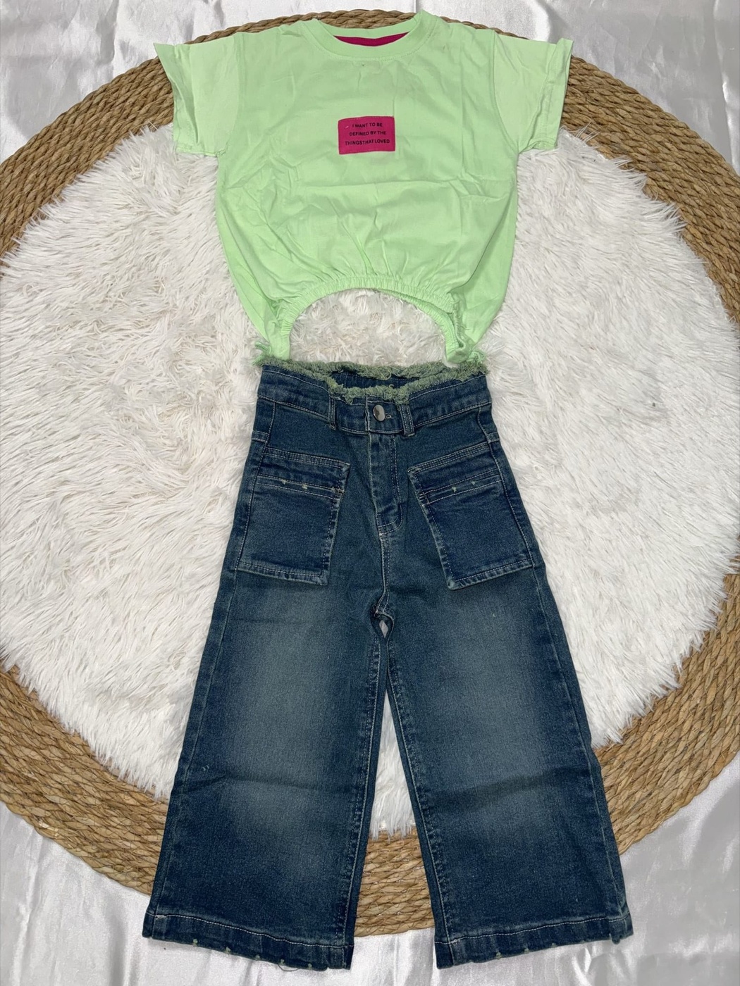 Green Wide-Leg Jeans Set - Girl (Side Bows)-08
