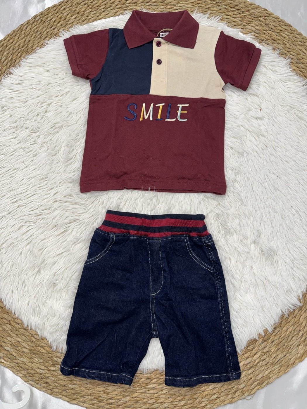Smile Burgundy Polo Shorts Set - Boy (Color Block Top)-08