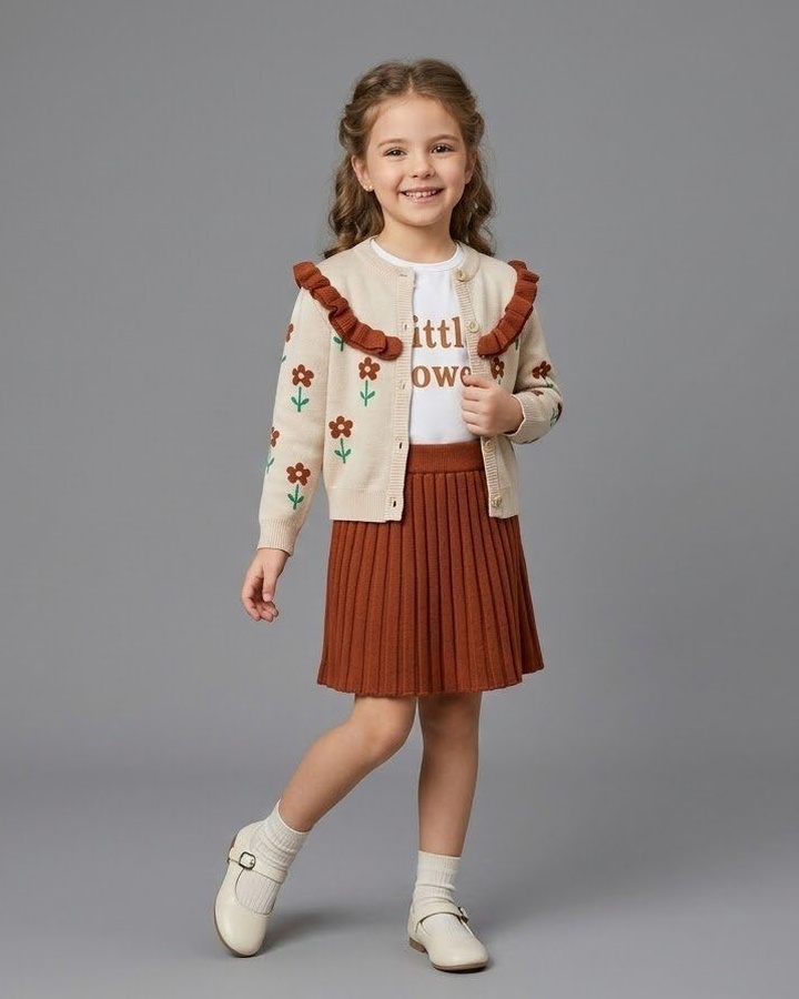 Floral Ruffle 3-Piece Set Beige - Girl ("Little Flower" Inner Shirt)